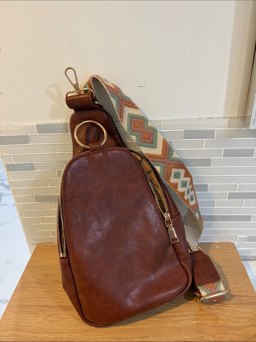 Altar'd State Brown Leather Sling Bag with Patterned Strap